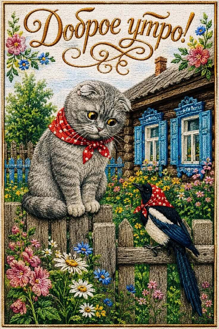 Открытка с добрым утром. Котик и сорока на заборе. Открытка с добрым утром. Котик и сорока на заборе.