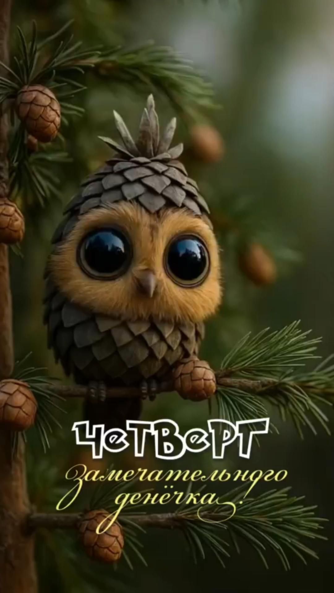 Открытка на четверг. an owl sitting on top of a pine tree branch with the words happy new year written below it