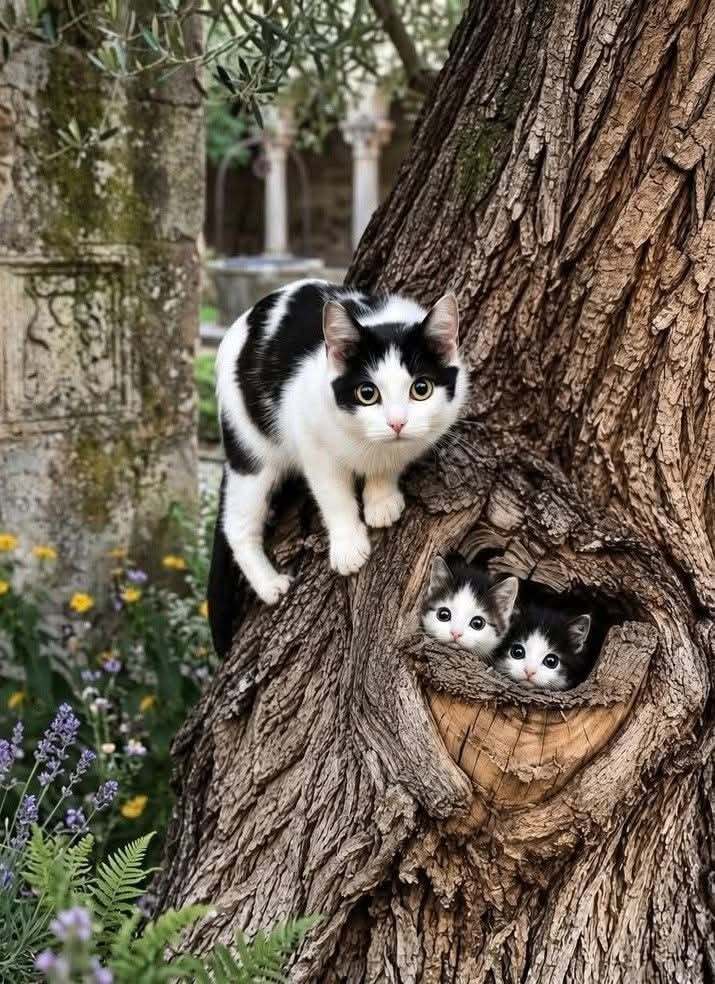 Открытка про кошек, котиков. Кошка с котятами в дупле.