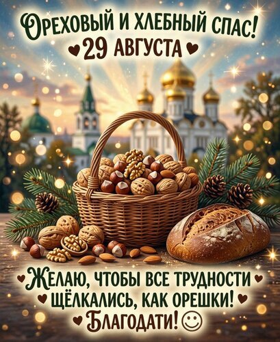 Поздравление с Ореховым и Хлебным Спасом (29 августа). На картинке: корзина орехов, хлеб, храм на закате. Душевное пожелание благодати и легкого решения проблем. Открытка Ореховый и хлебный спас Праздничная открытка к православным праздникам: Ореховый и Хлебный Спас, отмечаемым 29 августа. На изображении корзина с орехами, свежий хлеб, еловые ветки и золотые купола православного храма на фоне заката. Текст на русском языке содержит поздравительные пожелания: «С Ореховым и Хлебным Спасом!» и пожелание, чтобы все трудности «щелкались, как орешки»