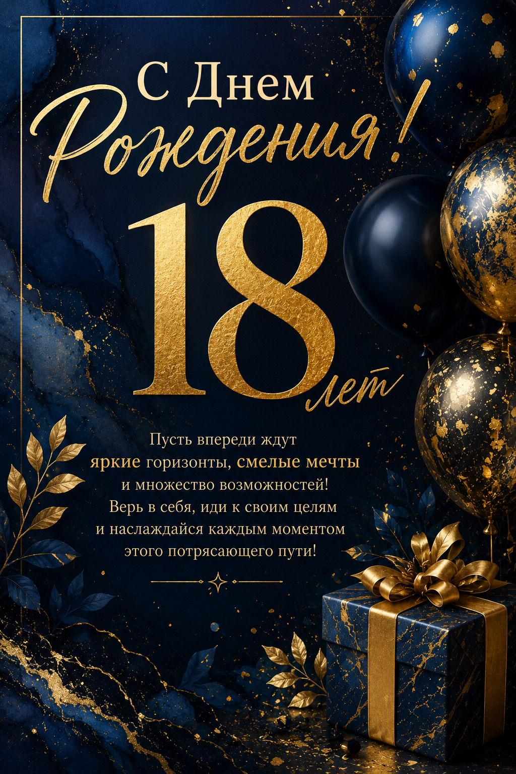 Открытка с днем рождения. Стильная поздравительная открытка с 18-летием в элегантных золотых и глубоких синих оттенках. Особенный день, когда впереди открываются новые горизонты, большие мечты и удивительные возможности. Сохраняйте красивое поздравление для близких и друзей! #СДнемРождения #18Лет #Совершеннолетие #Поздравление #Открытка #КрасивыеПоздравления #ЯркиеПоздравления #Праздник #ДеньРождения #Подарок #ПоздравительнаяОткрытка #ИдеиДляПоздравлений #ПраздничноеНастроение #PinterestРоссия #HappyBirthday #палитраии #palitraii С Днем Рождения! 18 лет — время ярких возможностей a black and gold birthday party with balloons, presents and gifts on it's side