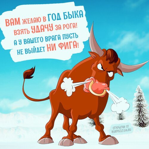 Забавная поздравительная открытка к году Быка с юмористическим пожеланием удачи и шуточным текстом на фоне зимнего пейзажа. Открытка С Новым годом. Желаю удачи Мультяшная праздничная открытка к Новому году Быка. На изображении представлен сердитый, но забавный коричневый бык с рогами, из ноздрей которого идет пар. На фоне — зимний пейзаж с заснеженными елями и голубым небом. На картинке размещен поздравительный текст на русском языке: «Вам желаю в год Быка взять удачу за рога! А у вашего врага пусть не выйдет ни фига!»