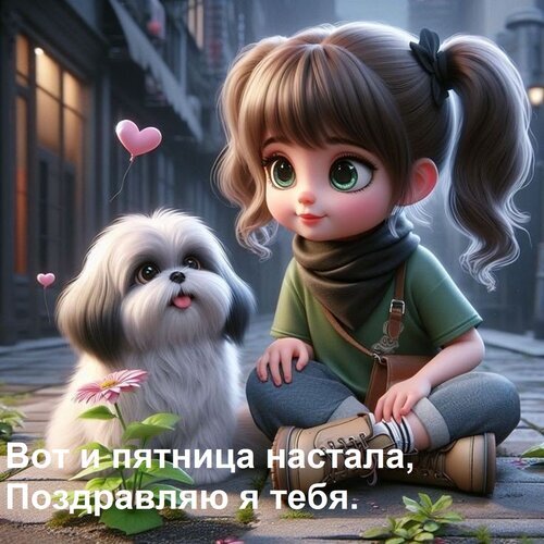 Милая девочка с пушистой собачкой и сердечком. Поздравление с наступлением пятницы в стиле 3D-анимации. Идеально для открытки и соцсетей. Открытка Вот и пятница настала, поздравляю я тебя. Милая 3D-иллюстрация в стиле мультфильмов Pixar, на которой изображена очаровательная маленькая девочка с хвостиками и ее пушистый белый шпиц или ши-тцу. Девочка сидит на улице, рядом с ней парит розовый воздушный шарик в форме сердца. На переднем плане виден красивый цветок. В нижней части изображения расположен текст на русском языке: Вот и пятница настала, Поздравляю я тебя
