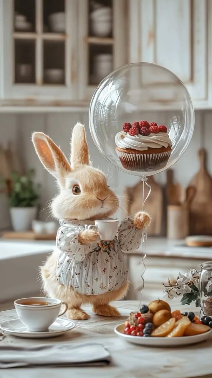 Открытка с добрым утром. a stuffed rabbit holding a cupcake in front of a plate with berries and muffins on it Открытка с добрым утром. a stuffed rabbit holding a cupcake in front of a plate with berries and muffins on it