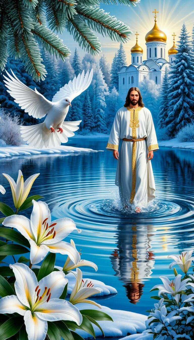 Открытка христианская. Jesus standing in the water surrounded by white flowers and pine trees, with two doves flying above him