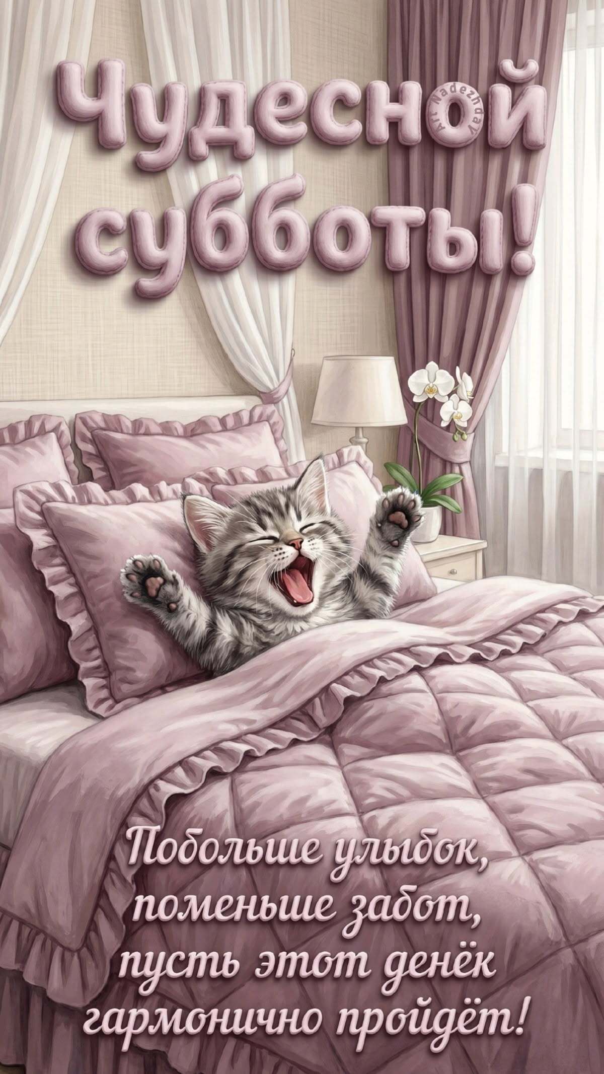 Открытка на субботу. Котик потягивается в постели.