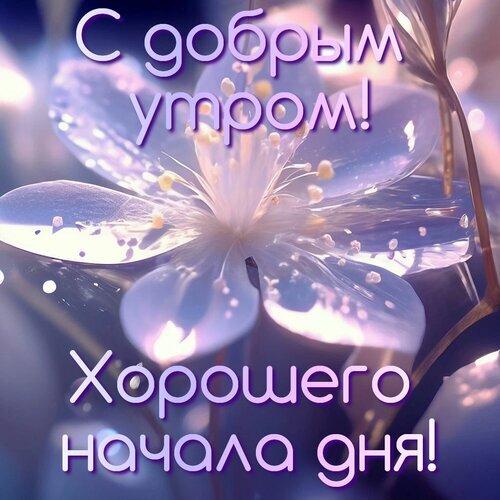 Поздравительная открытка «С добрым утром! Хорошего начала дня!». Нежный цветок и вдохновляющее пожелание для отличного настроения с самого утра. Открытка С добрым утром! Хорошего начала дня! Красивая поздравительная открытка с нежным цветком в светлых тонах. На изображении крупным планом изображен распускающийся цветок, символизирующий свежесть и начало нового дня. На фоне надпись на русском языке: «С добрым утром! Хорошего начала дня!». Картинка идеально подходит для отправки в мессенджерах и социальных сетях, чтобы пожелать приятного утра друзьям, близким или коллегам