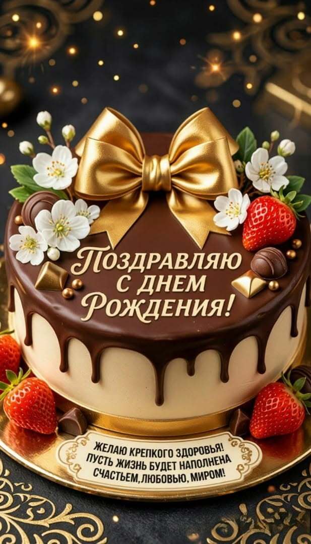 Открытка с днем рождения. a cake with chocolate frosting and strawberries on the top is decorated with gold bow