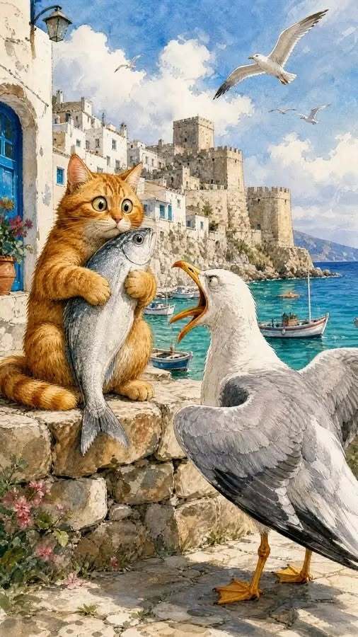Открытка про кошек, котиков. Котик с рыбой и чайка.