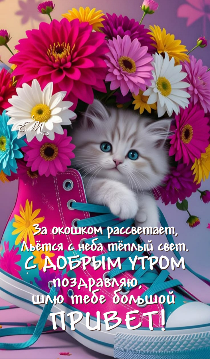 Открытка с добрым утром. Цветы и котик в цветных кедах. Открытка с добрым утром. Цветы и котик в цветных кедах.