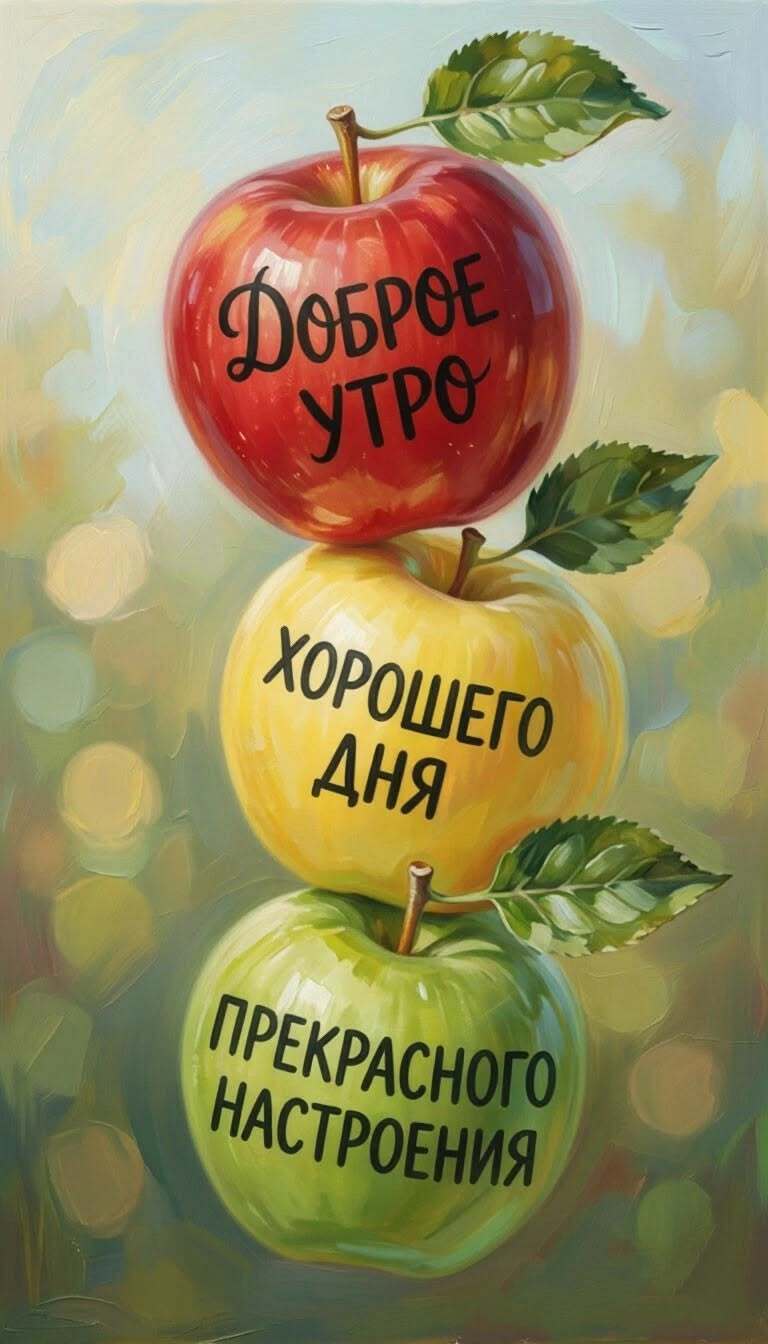 Открытка с добрым утром. Яблоки с написанными пожеланиями.