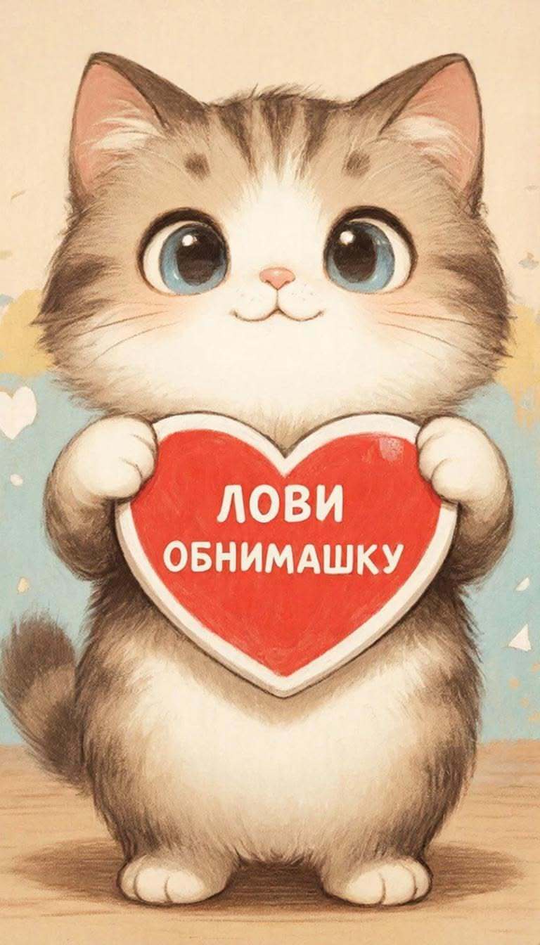 Открытка люблю тебя. Лови обнимашку. Открытка. Сердце. Любовь. Симпатия. Обьятия. a drawing of a cat holding a heart with the words russian on it in front of its face