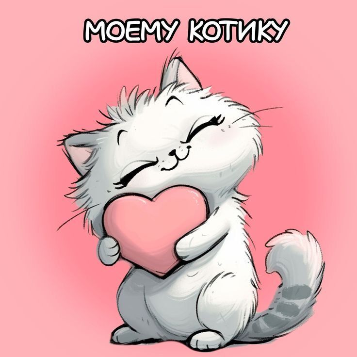 Открытка люблю тебя. a white cat holding a pink heart with the caption meemy kotky. Моему котику. Котик с сердечком.