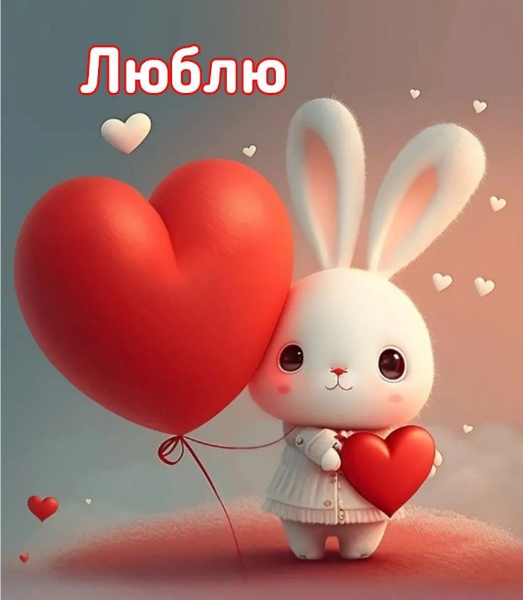 Открытка люблю тебя. Люблю a rabbit holding a heart shaped balloon with the words happy valentine written in russian on it