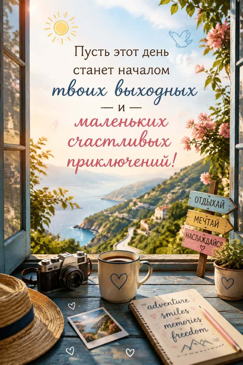 Открытка отличных выходных. an open window with a view of the ocean and mountains is featured in this postcard