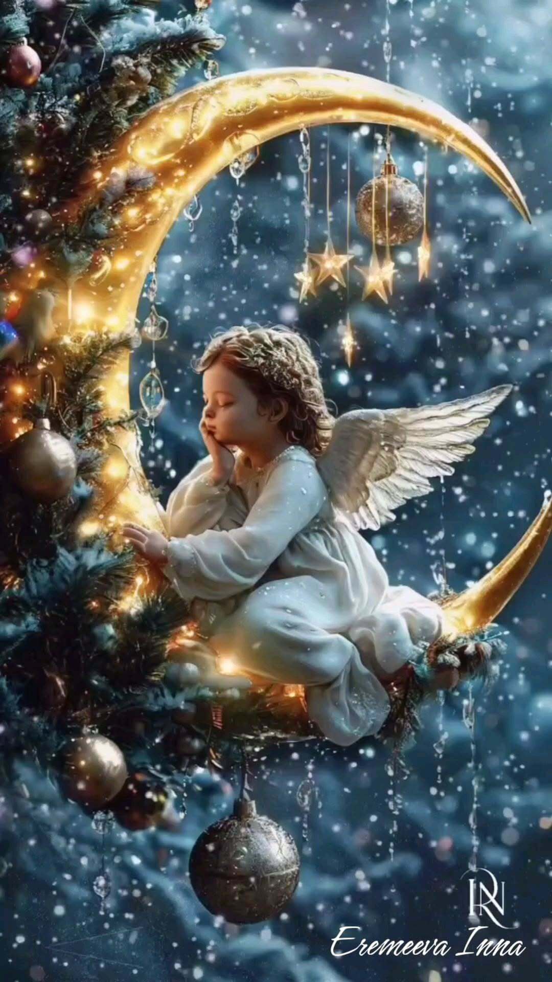 Открытка на Зиму. Рождественская С Рождественским сочельником! an angel sitting on the moon with christmas decorations around it