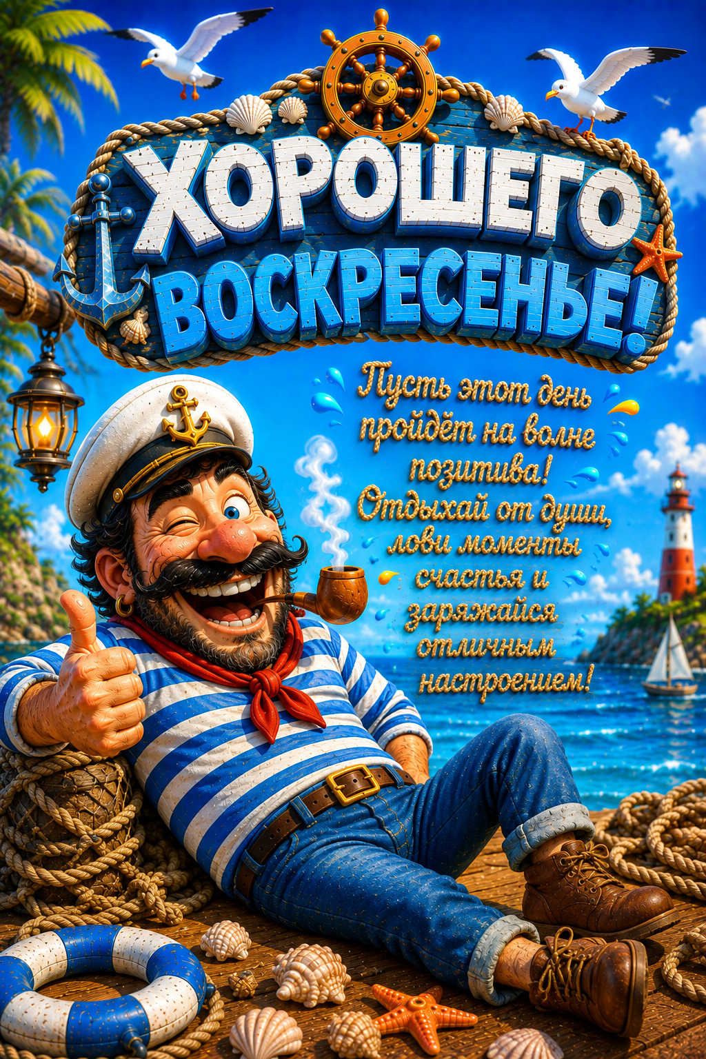 Открытка на воскресенье. Морской волк желает хорошего воскресенья.
