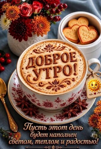 Красивая утренняя открытка: чашка капучино с надписью «Доброе утро!», осенние цветы и печенье-сердечки. Пожелание радости, света и тепла в этот день. Открытка Доброе утро Уютная и теплая открытка с пожеланием доброго утра. На изображении крупным планом чашка ароматного капучино с красивым латте-артом в виде надписи «Доброе утро!», украшенная изящным цветочным узором. Рядом стоит ваза с яркими осенними цветами (георгинами и розами) и белая чашка с печеньем в форме сердечек. Атмосфера наполнена домашним теплом и уютом