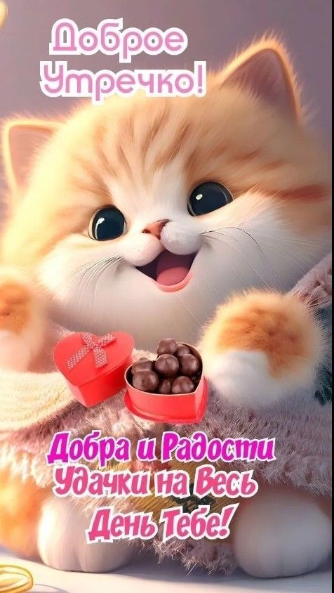 Открытка с добрым утром. Котенок с конфетами. Добра и радости. Удачи на весь день тебе!