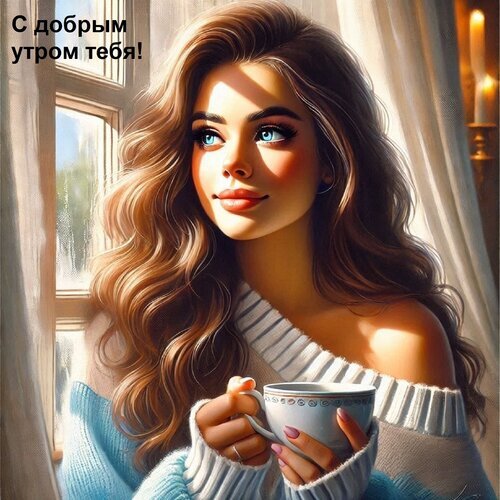 Уютная картинка с надписью «С добрым утром тебя!»: красивая девушка с голубыми глазами пьет кофе у окна. Идеально для добрых пожеланий и открыток. Открытка С добрым утром тебя! Красочная цифровая иллюстрация молодой девушки с длинными волнистыми каштановыми волосами и выразительными голубыми глазами. Девушка уютно расположилась у окна, наслаждаясь утренним светом, и держит в руках чашку теплого напитка. На изображении присутствует надпись на русском языке «С добрым утром тебя!», создающая атмосферу нежности, уюта и позитивного начала дня