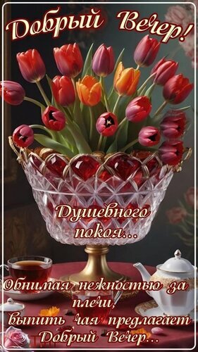 Красивая открытка на добрый вечер: букет тюльпанов в вазе, чай и уютный натюрморт. Пожелание душевного покоя и тепла для близких и друзей. Открытка Добрый вечер! Красивая поздравительная открытка на добрый вечер с пышным букетом красных и оранжевых тюльпанов в хрустальной вазе. На переднем плане уютный натюрморт: чашка ароматного чая и изящный белый чайник на столе