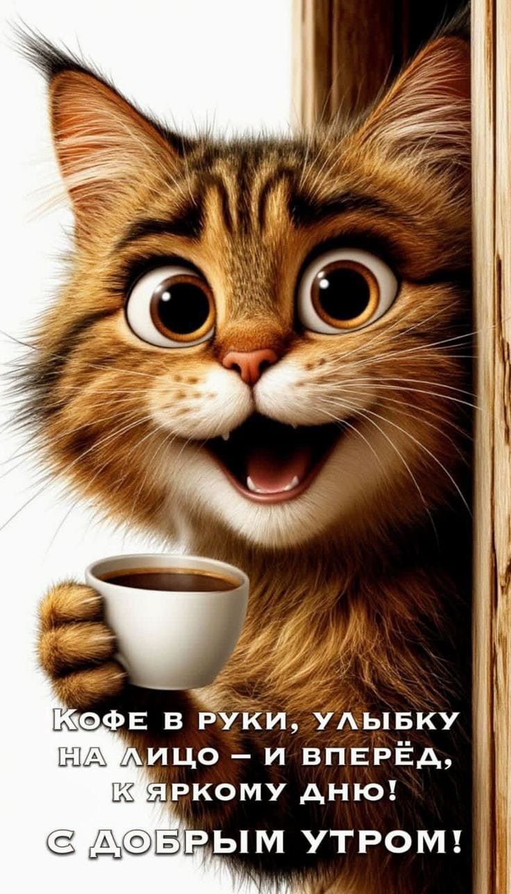 Открытка с добрым утром. Кот с кофе. Вперед, к яркому дню!