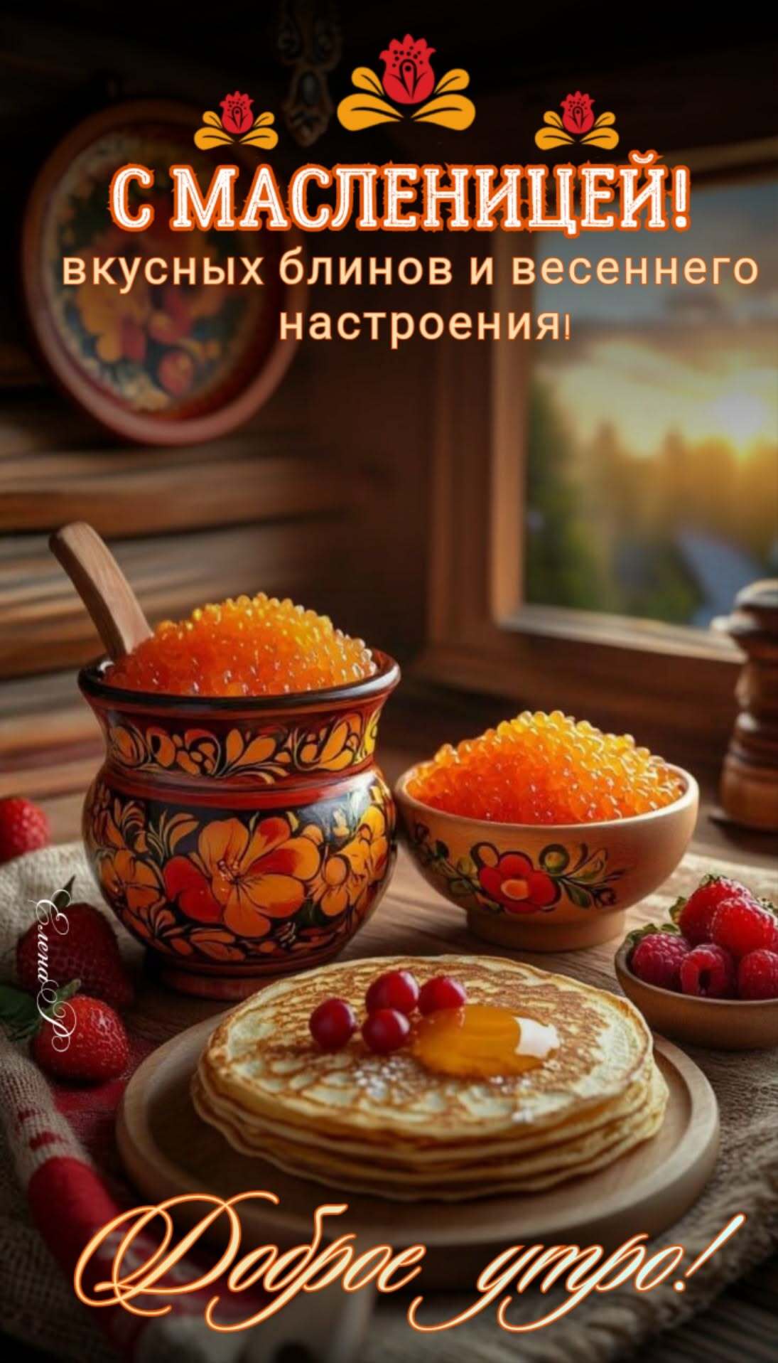 Открытка с Масленицей. Доброе утро. Красная икра, блины.