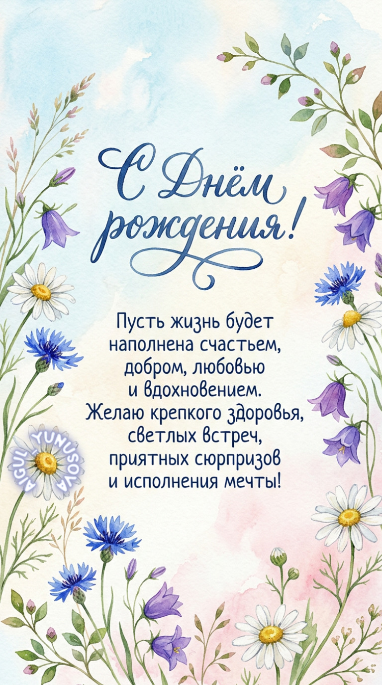Открытка с днем рождения женщине. Нежная открытка с поздравлением и самыми теплыми пожеланиями на день рождения. Пусть в жизни именинника будет больше радости, любви, достатка и людей, рядом с которыми хорошо и спокойно. Отправьте эту открытку дорогому человеку, чтобы напомнить о своей заботе и сделать его праздник еще светлее! С днем рождения! Нежная открытка для поздравлений a watercolor painting with flowers and words in russian
