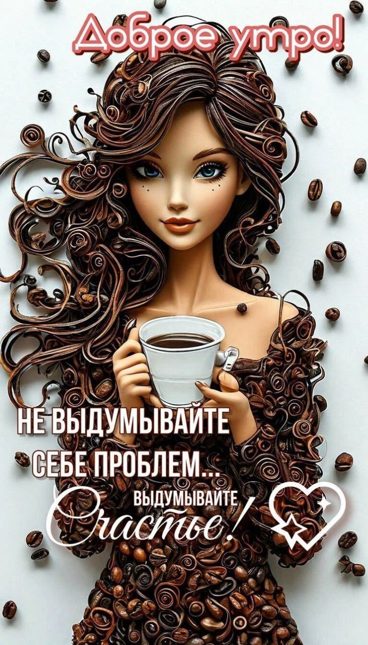 Открытка с добрым утром. Девушка с кофе. Не выдумывайте себе проблем.
