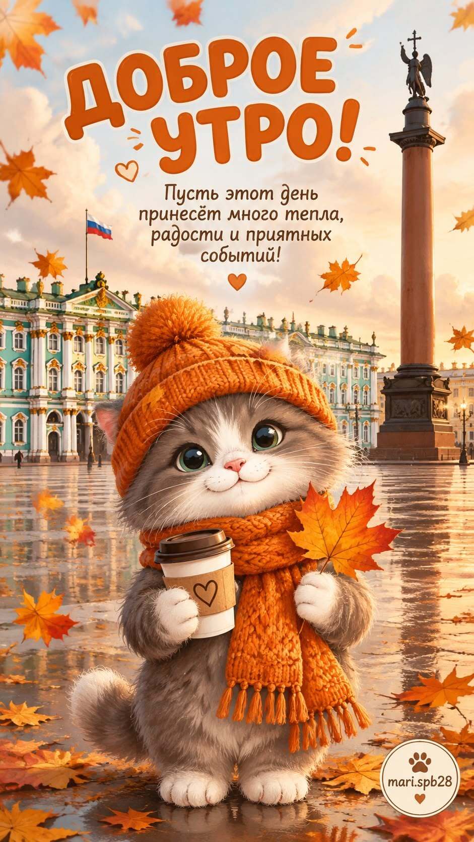 Открытка с добрым осенним Питерским утром. Котик с кофе.