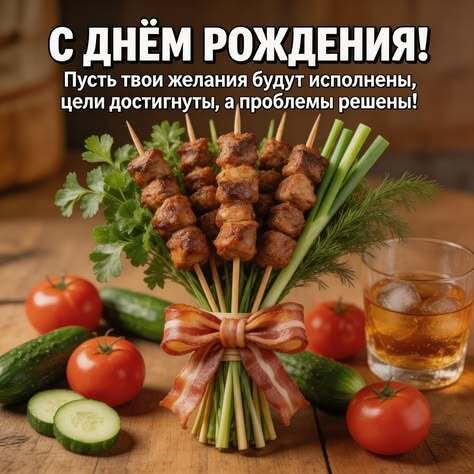 Открытка с днем рождения другу. Поздравляйте своих родных и близких. #открытки #красивыеоткрытки #открыткабезповода #postcards #beautifulcards #сднемрождения #открыткакоднюрождениямужчины a wooden table topped with cucumbers, tomatoes and skewered meats