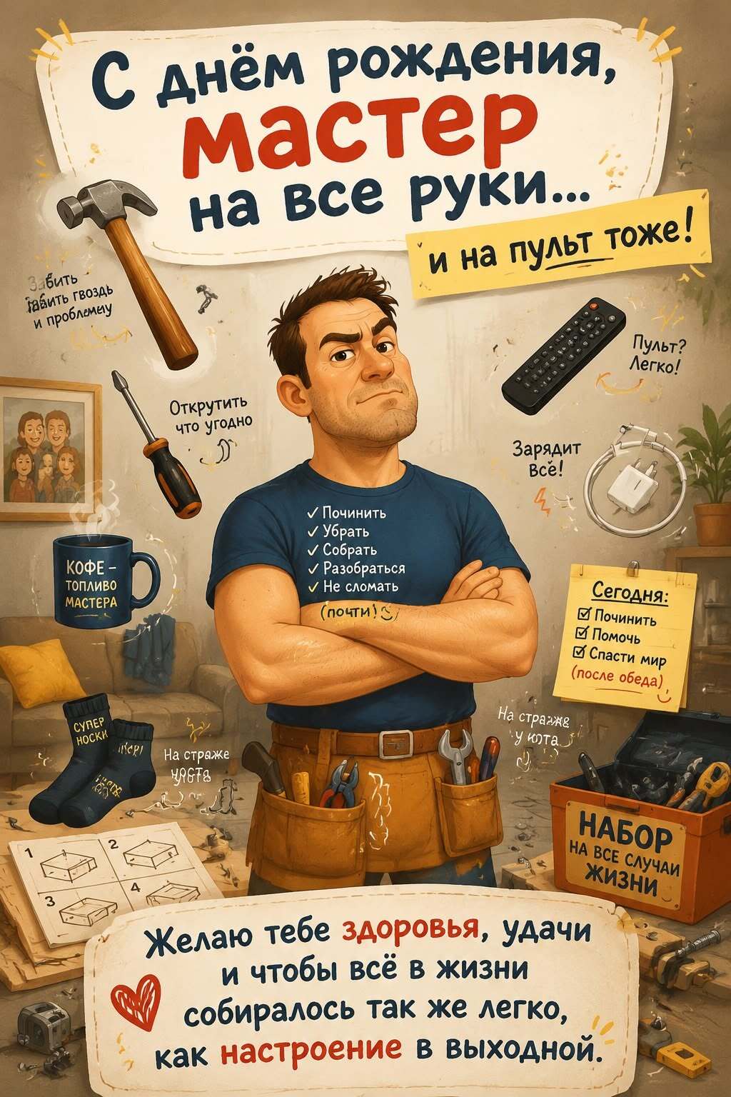 Открытка с днем рождения мужчине. Мастеру на все руки. a man with his arms crossed standing in front of a poster that says,'i am