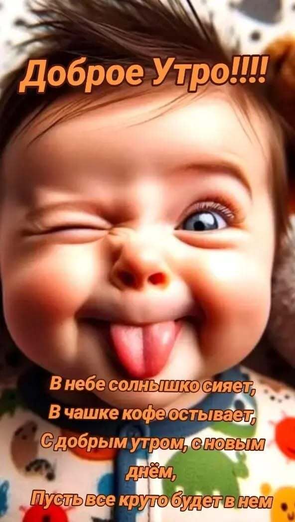 Открытка с добрым утром. Девочка показывает язык.