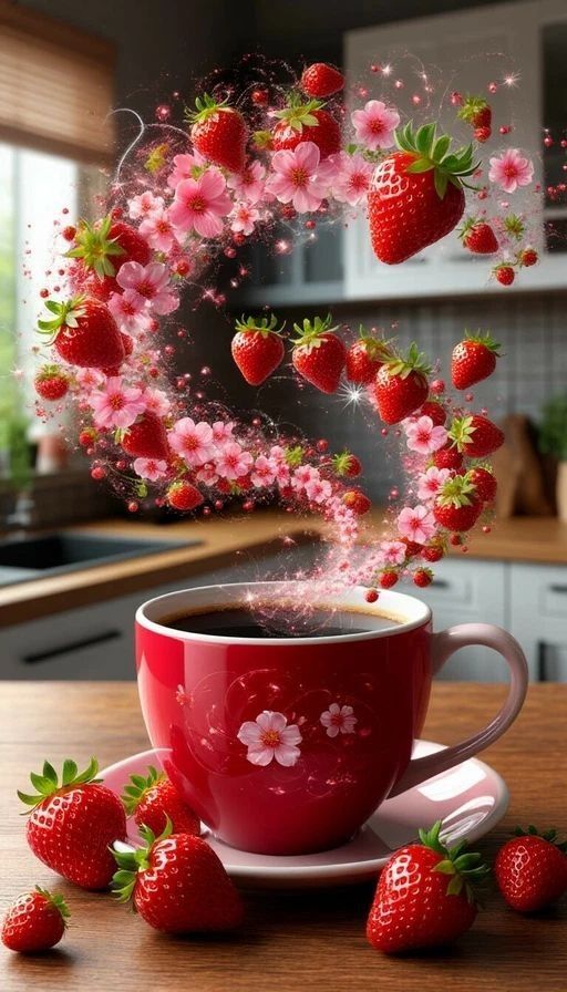 Открытка с добрым утром. Кофе, клубника. Открытка с добрым утром. Кофе, клубника.