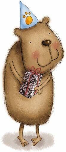 Открытка с днем рождения. Happy a brown bear wearing a party hat holding a gift Открытка с днем рождения. Happy a brown bear wearing a party hat holding a gift