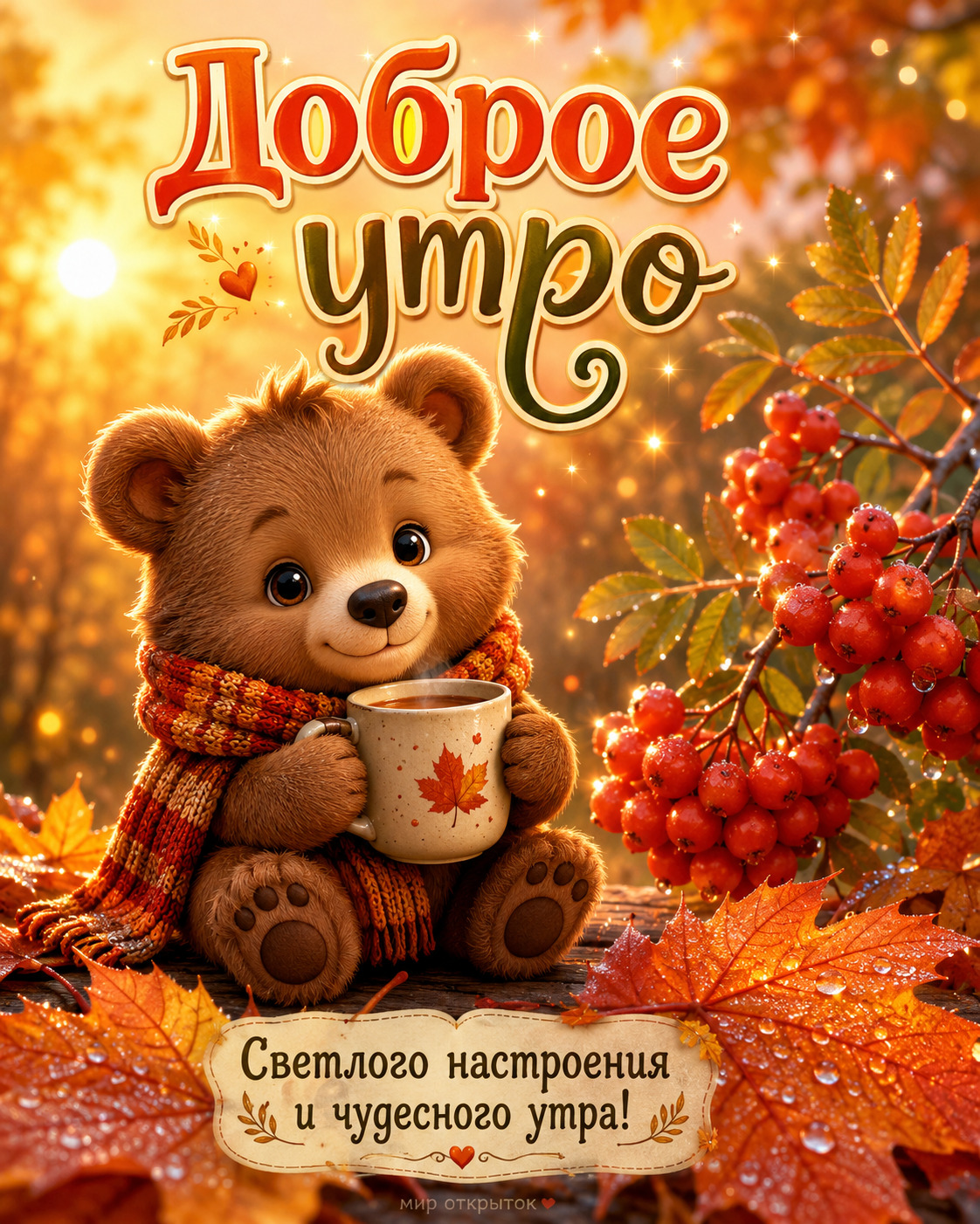 Открытка с добрым осенним утром. Мишка в шарфике и с кофе, рябина.