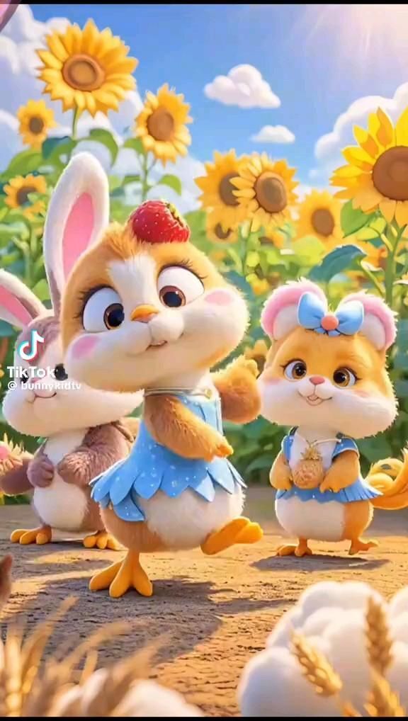 Открытка на лето. two little rabbits are standing in the middle of a field with sunflowers