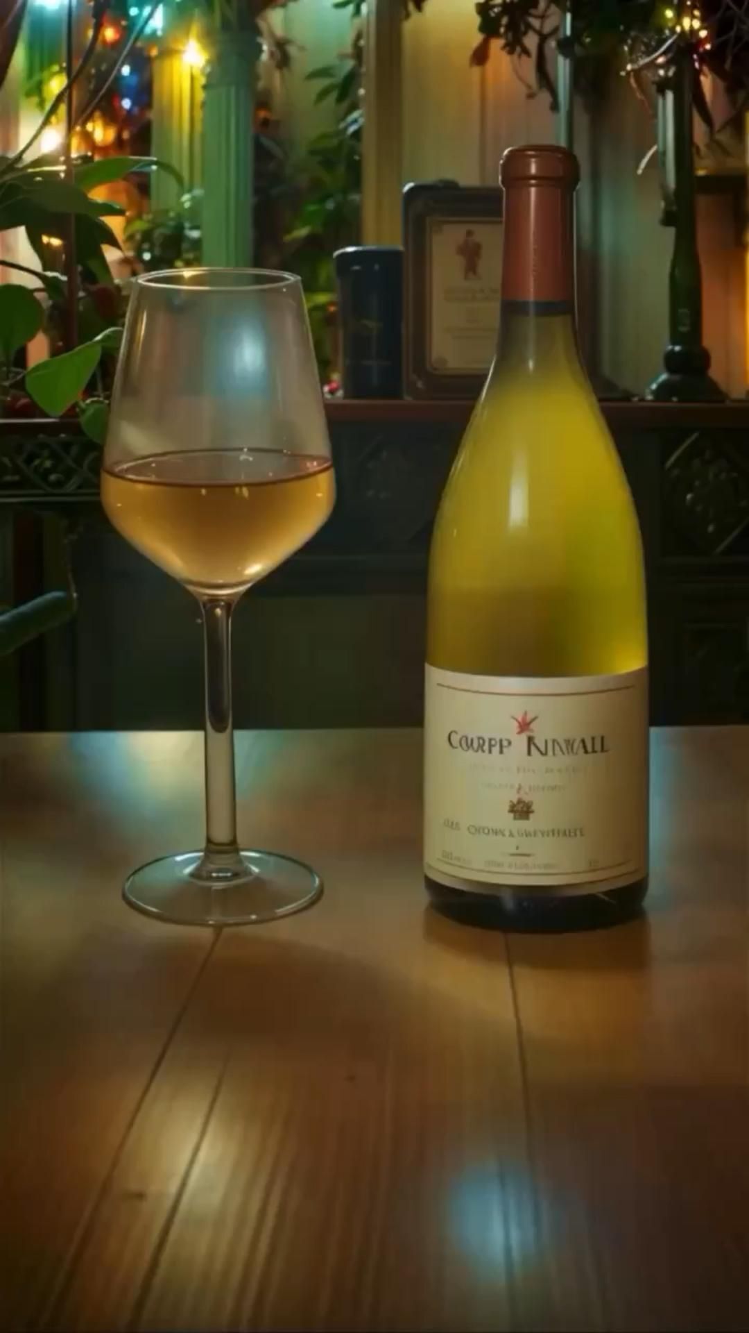 Открытка добрый вечер. a bottle of wine sitting on top of a wooden table next to a glass filled with white wine