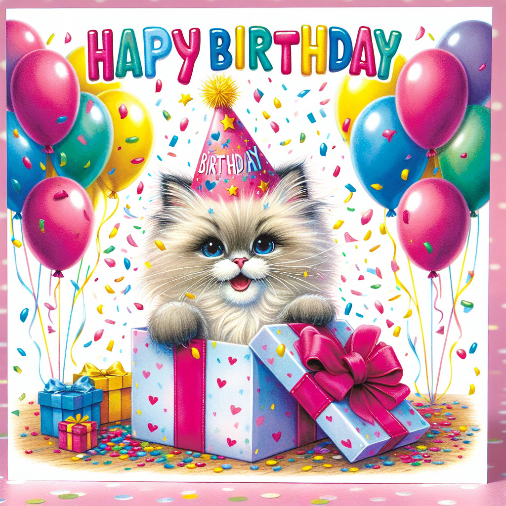 Открытка с днем рождения. A colorful birthday card features a playful ragdoll kitten bursting out of a gift box with a party hat on its head. Confetti and balloons surround the scene, with the words 'Happy Birthday' written in cheerful, bold letters at the top. a birthday card with a cat in a gift box surrounded by balloons and confetti