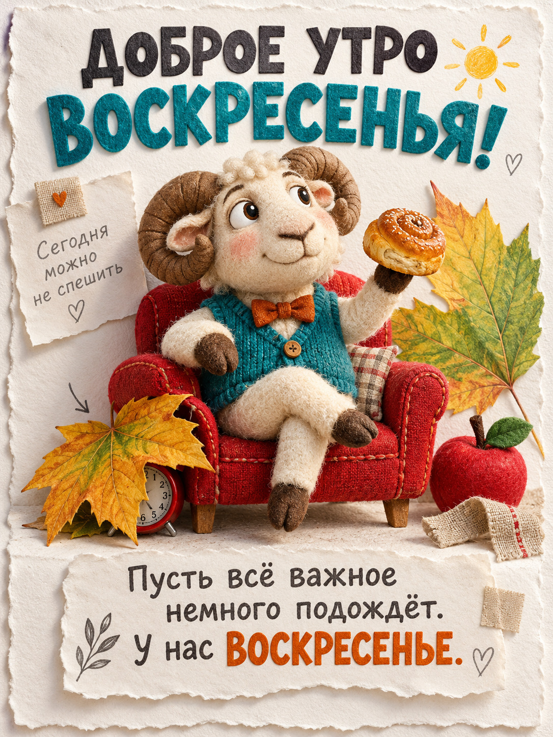 Открытка на осеннее воскресенье. Барашек на диване.