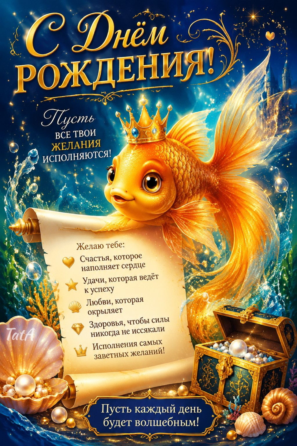 Открытка с днем рождения женщине. a gold fish with a crown on its head is holding a sign that says dream pox