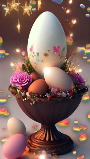 Открытка на Пасху. an egg is sitting in a bowl with flowers and butterflies on it, surrounded by confetti