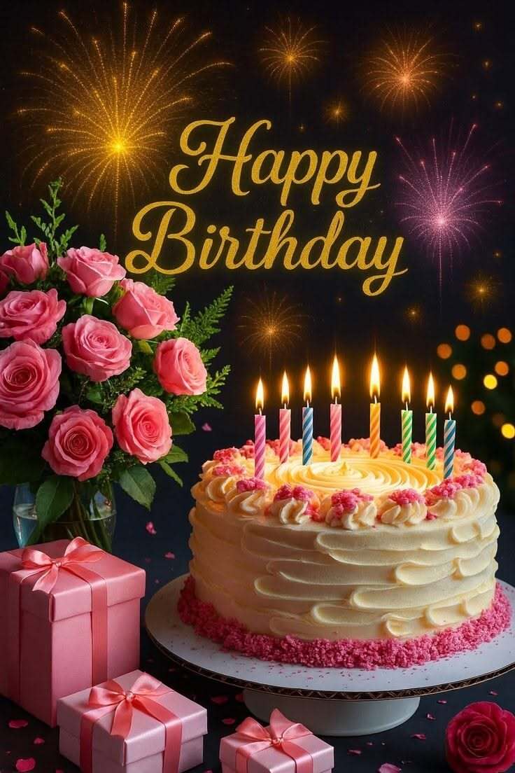 Открытка с днем рождения. a birthday cake with lit candles surrounded by pink roses Открытка с днем рождения. a birthday cake with lit candles surrounded by pink roses