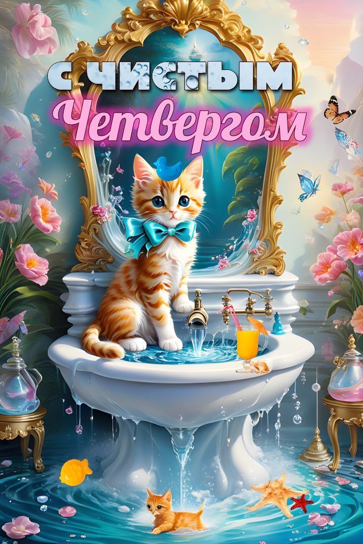 Открытка на Чистый четверг. a cat sitting on top of a sink in front of a mirror with flowers and butterflies around it