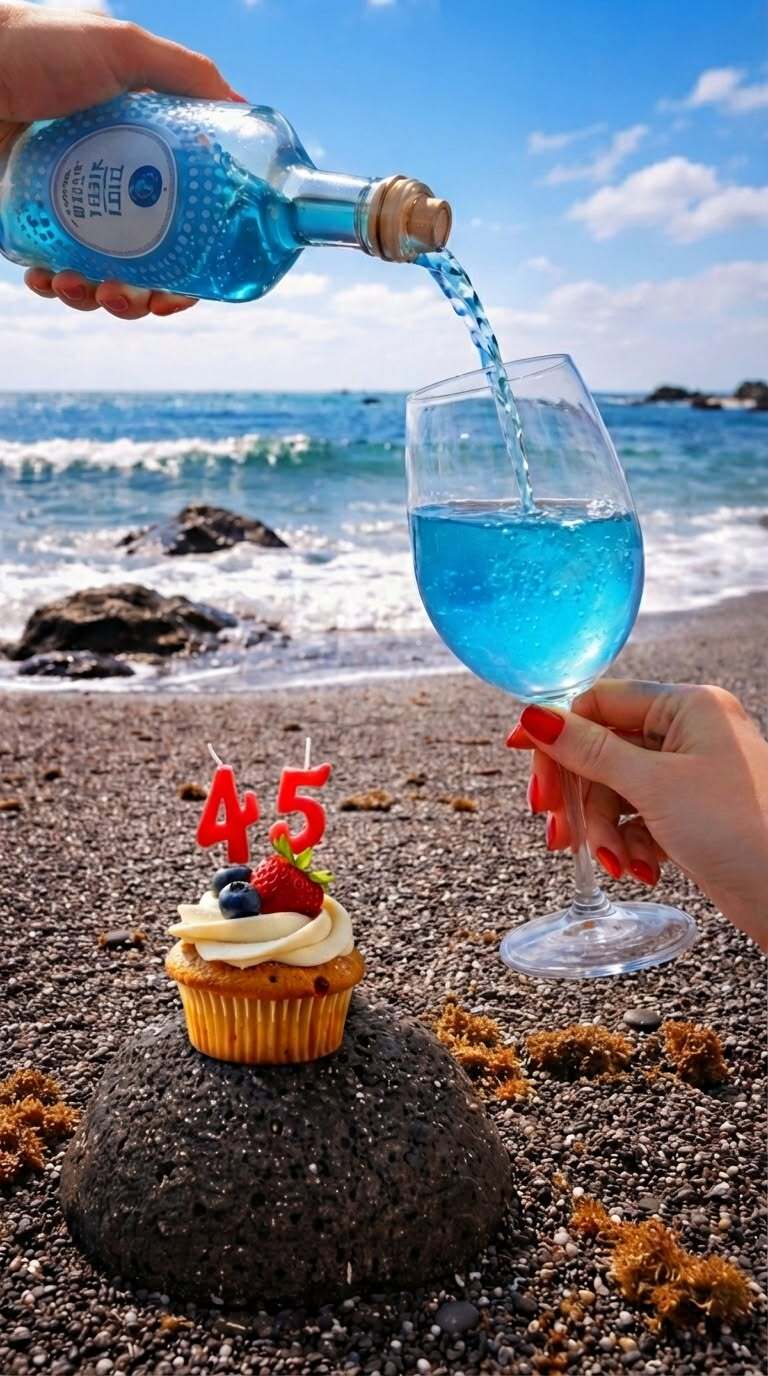 Открытка с днем рождения 45 лет юбилей. someone is pouring water into a cupcake on the beach