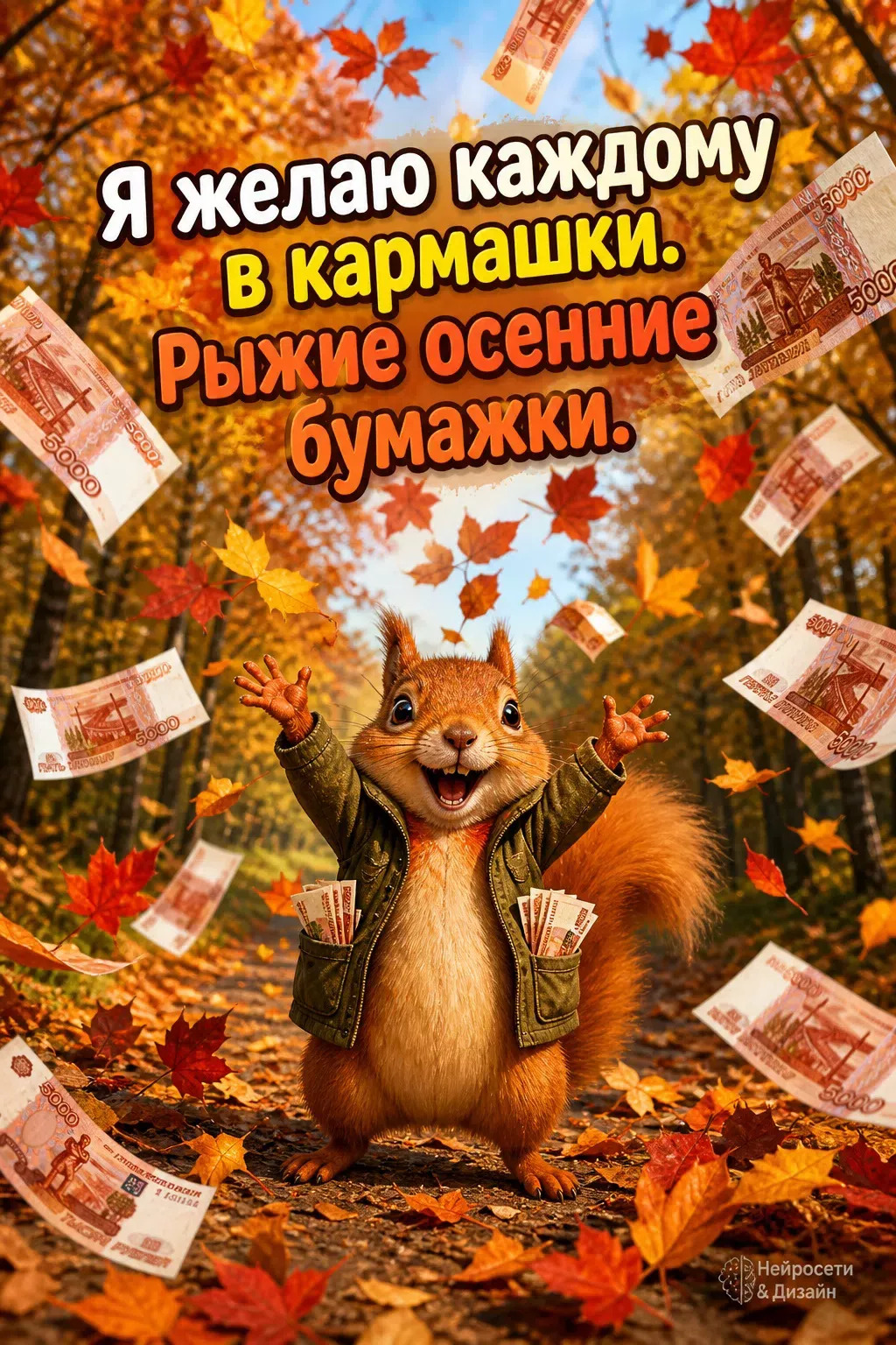 Открытка на осень. Белочка желает каждому в кармашки рыжие осенние бумажки. Купюры по 5000 рублей и осенние листья.
