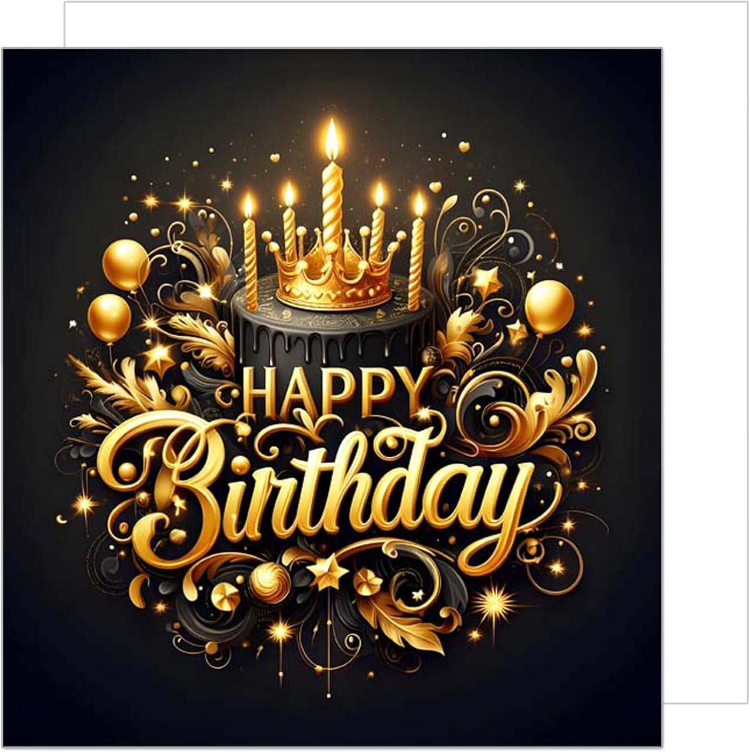Открытка с днем рождения. Greeting Happy Birthd a birthday card with a cake and candles on it, in gold lettering that says happy birthday