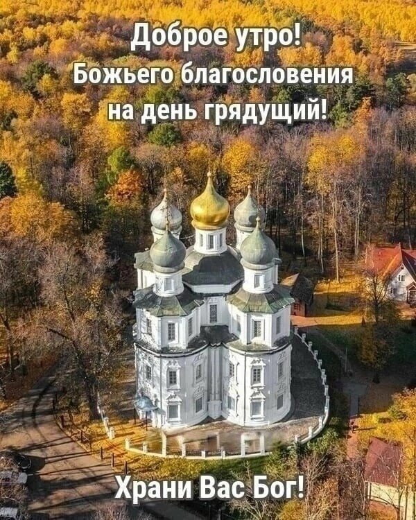 Доброе утро! Пожелание Божьего благословения на картинке с красивым православным храtem и золотыми куполами в осеннем лесу. Храни Вас Бог! Открытка Доброе утро! Божьего благословения! Храни Вас Бог! Красивое поздравительное изображение с видом на величественный православный храм с золотыми куполами в осеннем лесу. На картинке наложен текст на русском языке: «Доброе утро! Божьего благословения на день грядущий! Храни Вас Бог!». Теплые осенние тона, золотая листва и светлая архитектура создают атмосферу спокойствия, веры и умиротворения