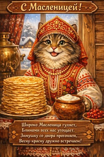 Милая открытка на Масленицу: кот в кокошнике, стопка горячих блинов со сметаной и самовар. Традиционное русское праздничное поздравление с встречей весны! Открытка С масленицей Праздничная открытка к Масленице с изображением милого кота в традиционном русском народном костюме (кокошнике). На переднем плане — высокая стопка аппетитных золотистых блинов и миска со сметаной. Атмосфера уютного зимнего дома с самоваром и видом на заснеженный пейзаж за окном. На картинке присутствует поздравительный стих о прощании с зимой и встрече весны