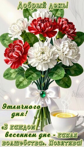 Поздравительная открытка «Добрый день!» с букетом красных и белых гвоздик и чашкой чая. Красивое пожелание позитива и весеннего настроения для близких. Открытка Добрый день Красивая поздравительная открытка с пышным букетом красных и белых гвоздик, украшенным элегантным белым бантом с изумрудной брошью. На переднем плане стоит чашка ароматного чая с лимоном, от которой идет пар. Изображение наполнено весенним настроением и позитивом. Текст на картинке: «Добрый день! Отличного дня! В каждом весеннем дне — капля волшебства